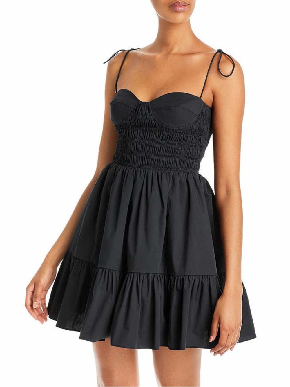 Staud Landry Dress Smocked Bodice Tie-Shoulder Mini Dress